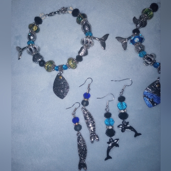 Orca Killer Whale Southern Resident Orca Beaded Charm Bracelet Earrings Unique - Picture 2 of 10